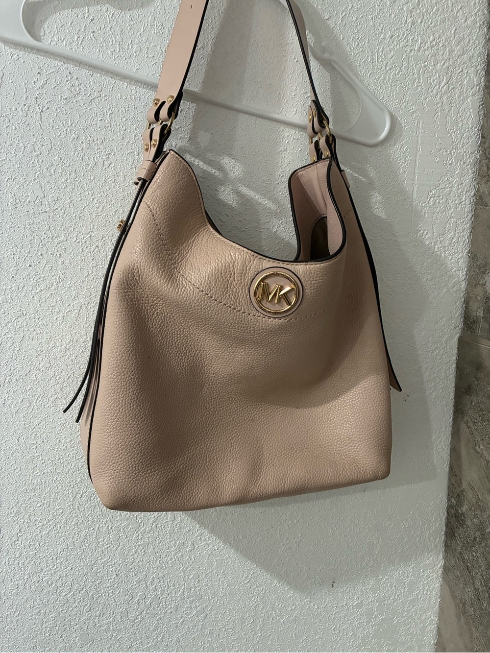 Michael Kors Blush Pebbled Leather Shoulder Hobo with Gold MK Emblem